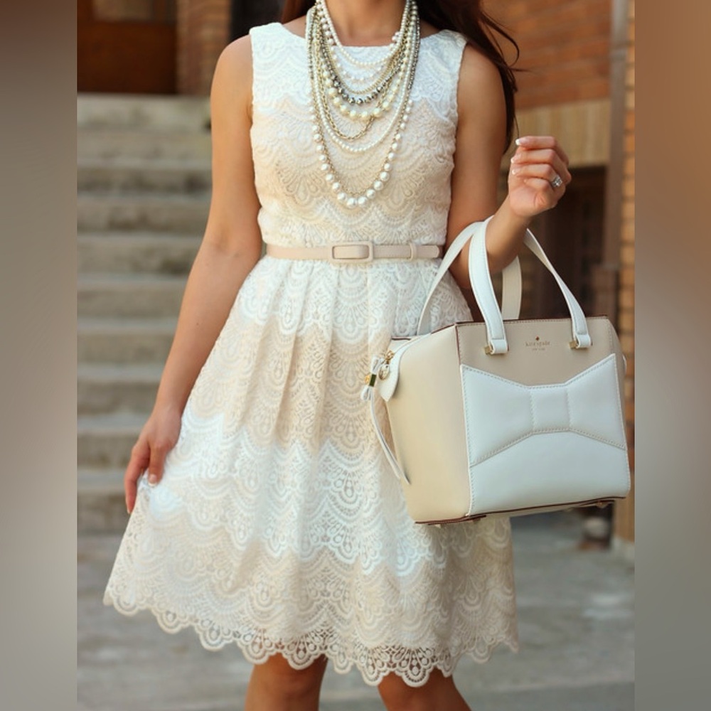 White House Black Market Beige and White Striped Lace Fit & Flare Dress Size 00